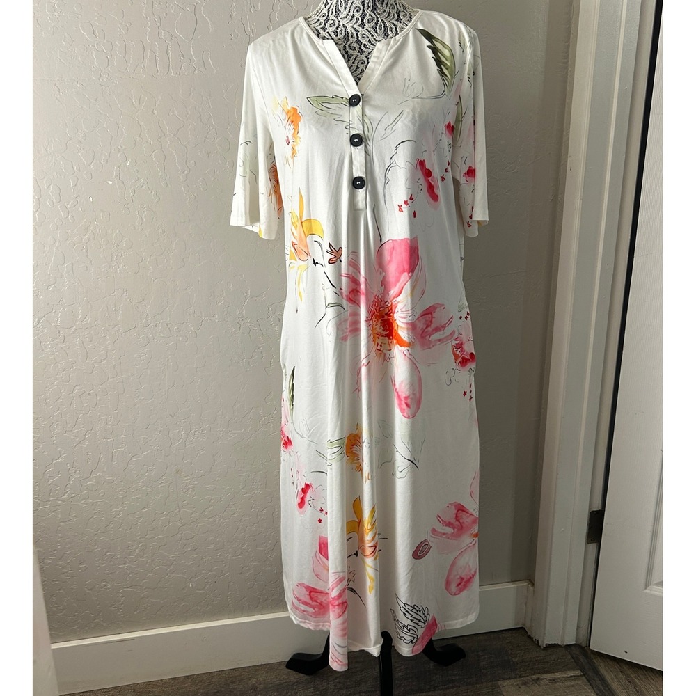 Noracora Maxi Dress Womens Large Floral White Short Sleeve‎ Henley Boho Style